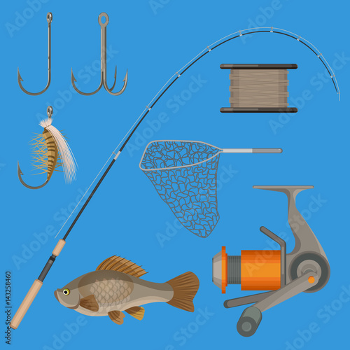 Vector of two hooks, bobbin, landing net, spinning reel, fish-rod