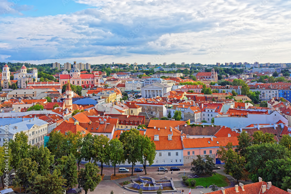 Old town in Vilnius with churches spires and Town Hall