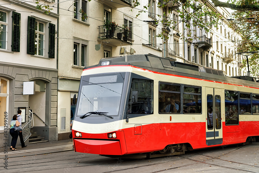 Running tram in Zurich city center