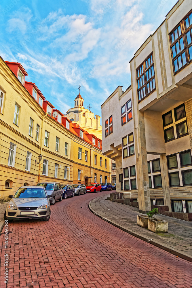 Street and Holy Spirit Church at old town in Vilnius