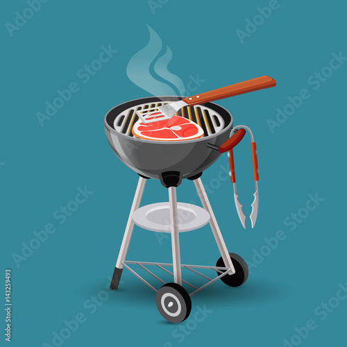Meat fried on barbecue grill icon in cartoon style isolated