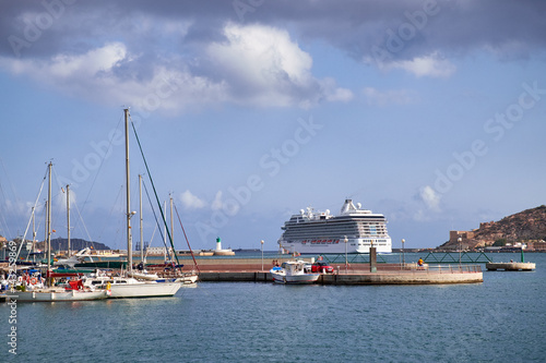 A cruise liner sailing from the port of Cartagena, Spain.
