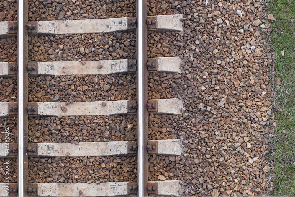 Train tracks texture, railway rails, top view, background. Train tracks texture, railway rails, top view, background.