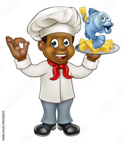 Cartoon Black Chef Fish and Chips