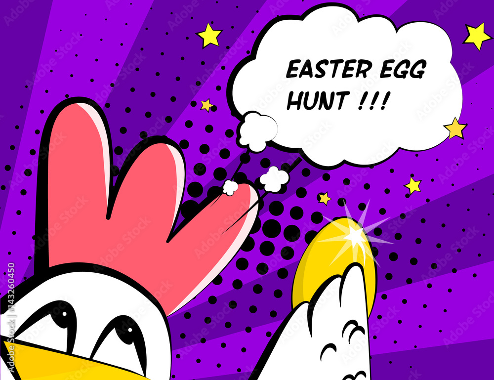 Happy Easter vector card with rooster, golden egg and text cloud. Comics style. Happy Easter vector card with rooster, golden egg and text cloud. Comics style.