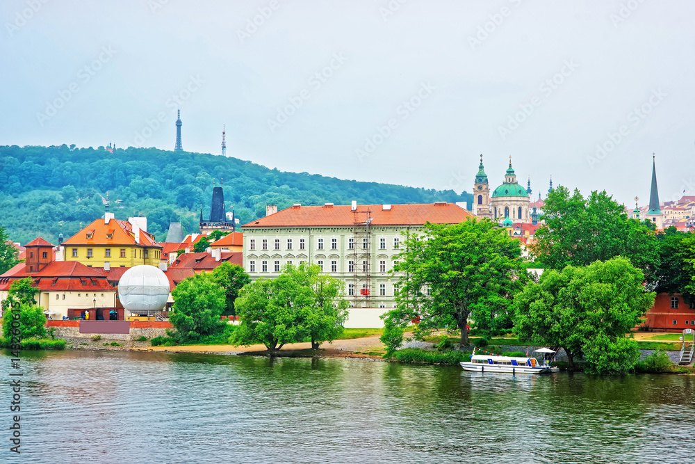 Vltava River with Kafka Museum and Old town of Prague