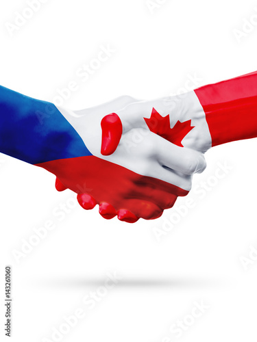 Flags Czech Republic, Canada countries, partnership friendship handshake concept.