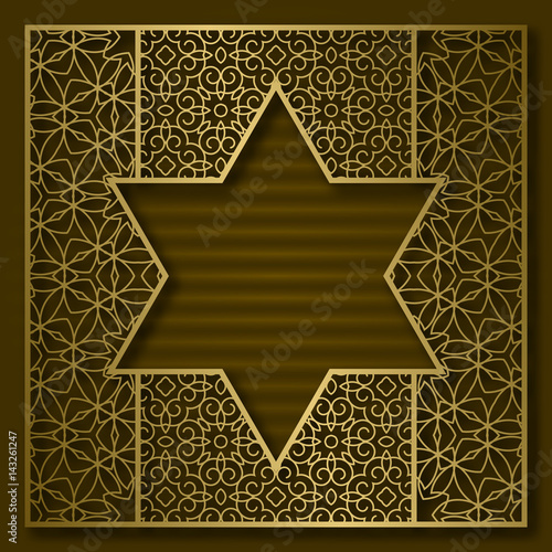 Golden cover background with traditional patterned frame in six pointed star form.
