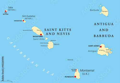 Saint Kitts And Nevis, Antigua And Barbuda, Montserrat, Saba and Sint Eustatius political map. Islands in the Caribbean Sea and parts of the Lesser Antilles. Illustration with English labeling. Vector photo