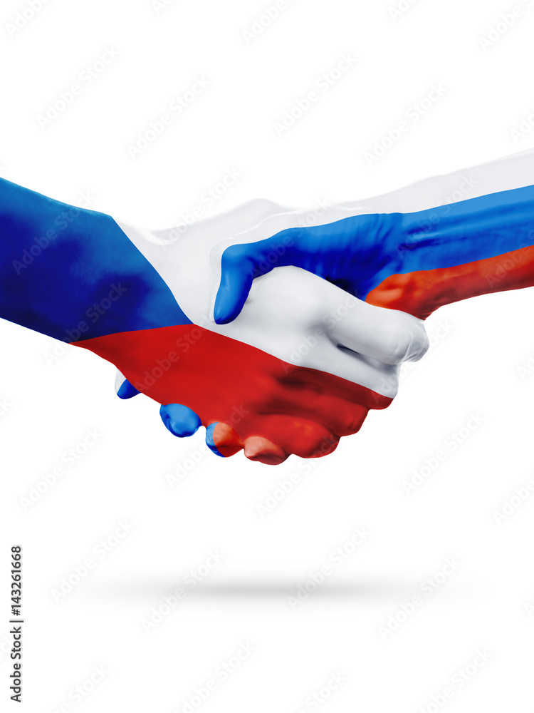 Flags Czech Republic, Russia countries, partnership friendship handshake concept. Flags Czech Republic, Russia countries, partnership friendship handshake concept.