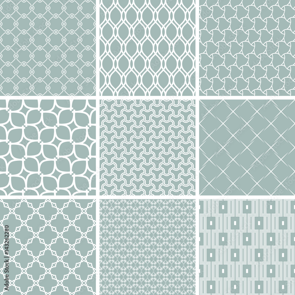 Fototapeta premium Set of vector seamless geometric patterns for your designs and backgrpounds. Geometric abstract blue and white ornament. Modern ornaments with repeating elements