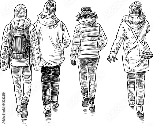 sketch of the walking students