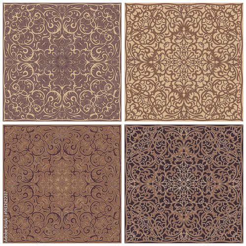 Four square patterns of brown and cream shades. Oriental ornament for the design of scarves, scarves or textiles. Vector illustration.
