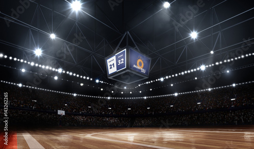 Professional durk basketball court arena in lights with fans