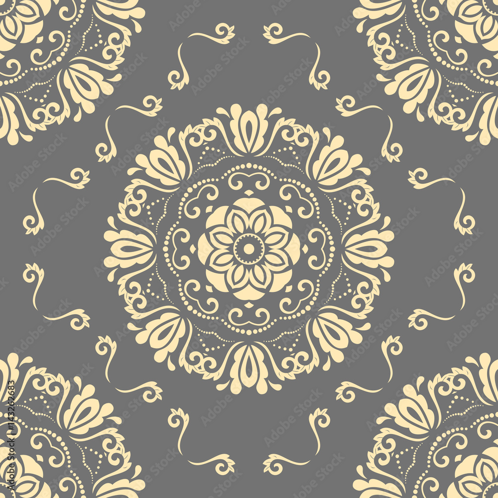 Floral vector round golden ornament. Seamless abstract classic background with flowers. Pattern with repeating elements