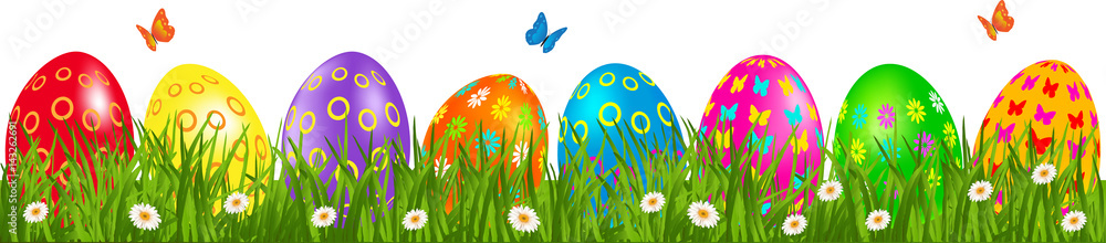 Easter eggs border with multicolored eggs in a grass with daisy and butterfly
