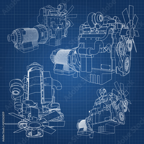 A big diesel engine with the truck depicted in the contour lines on graph paper. The contours of the black line on the blue background.