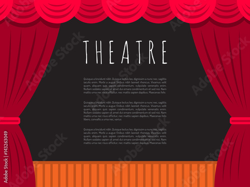 Vector image of theatre stage with curtain and dark scenery, with text for posters presentation.