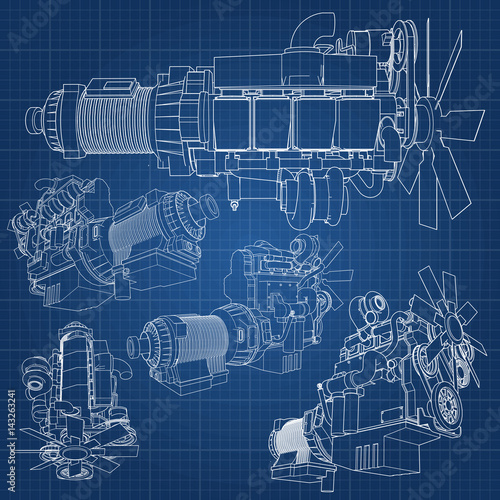 A big diesel engine with the truck depicted in the contour lines on graph paper. The contours of the black line on the blue background.
