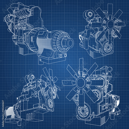 A big diesel engine with the truck depicted in the contour lines on graph paper. The contours of the black line on the blue background.