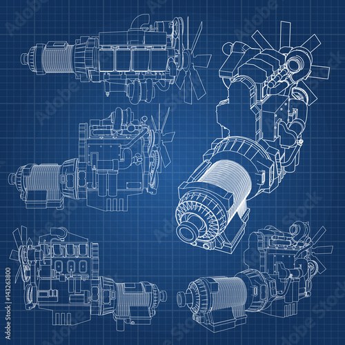 A big diesel engine with the truck depicted in the contour lines on graph paper. The contours of the black line on the blue background.