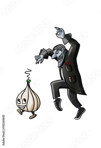 Wicked vampire pursuing the little garlic on tiptoes