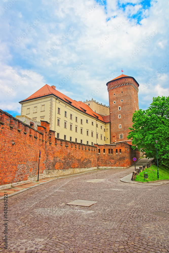 Tower of Wawel Castle and defensive walls in Krakow