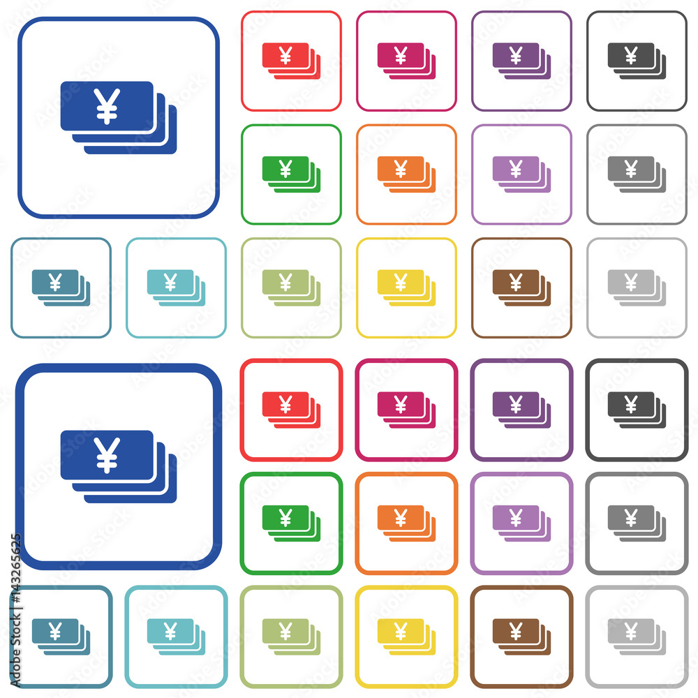 Yen banknotes outlined flat color icons
