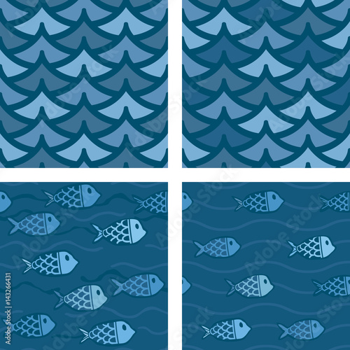 Waves and fish, dark. Four different seamless pattern vectors made with waves and fish.