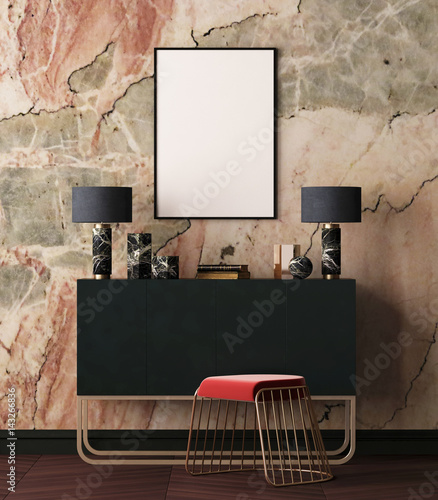 Mockup Poster in art deco style interior. Poster on the background of a marble wall. 3d illustration. 3d rendering.