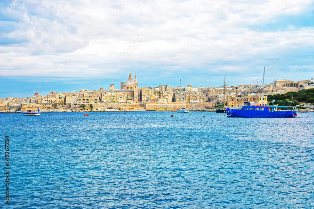Valletta Skyline with Saint Paul Cathedral and bastions on Malta