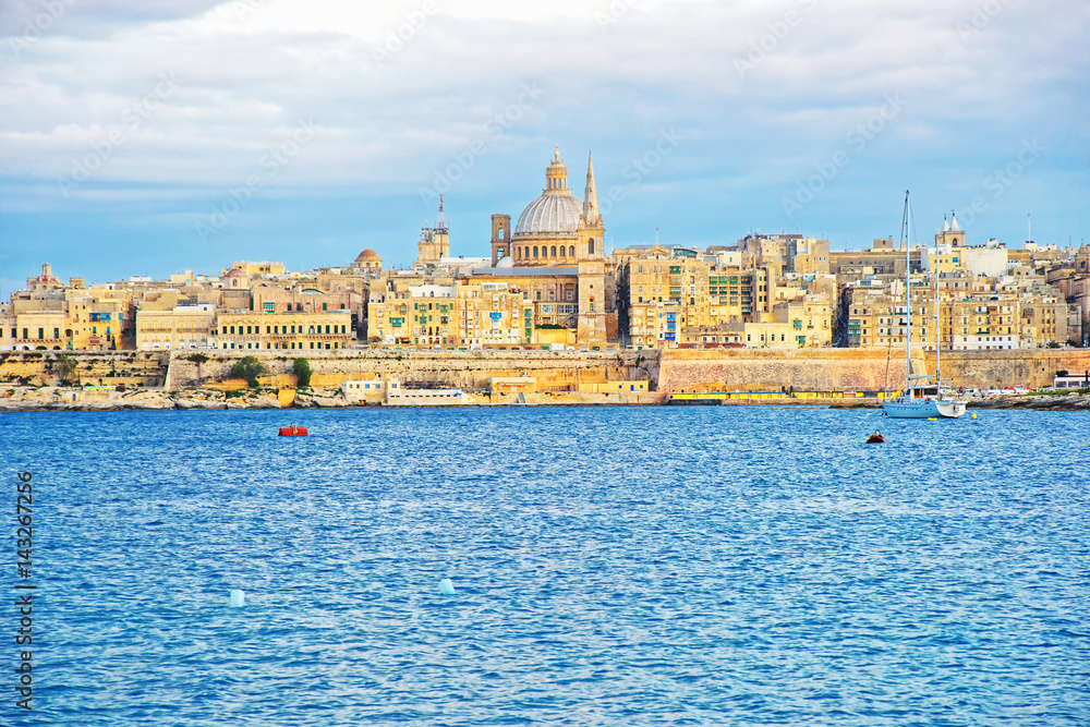 Valletta Skyline with St Paul Cathedral and bastions Malta