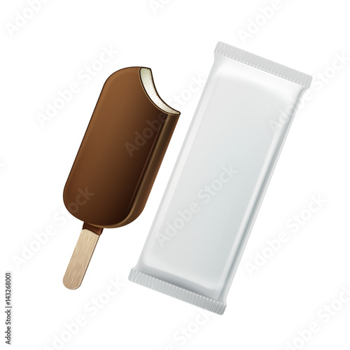 Vector Classic Popsicle Choc-ice Lollipop Ice Cream in Chocolate Glaze on Stick with White Plastic Foil Wrapper for Branding Package Design Close up Isolated on White Background