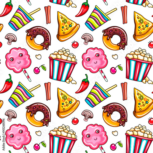 Seamless pattern fast food. Cup of cola or coffee, pizza slice,  chocolate doughnut, bucket popcorn and cute cotton candy. 