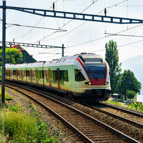 Running train in Vineyard Terraces of Lavaux Switzerland