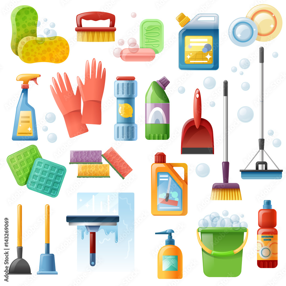 Cleaning Supplies Tools Flat Icons Set