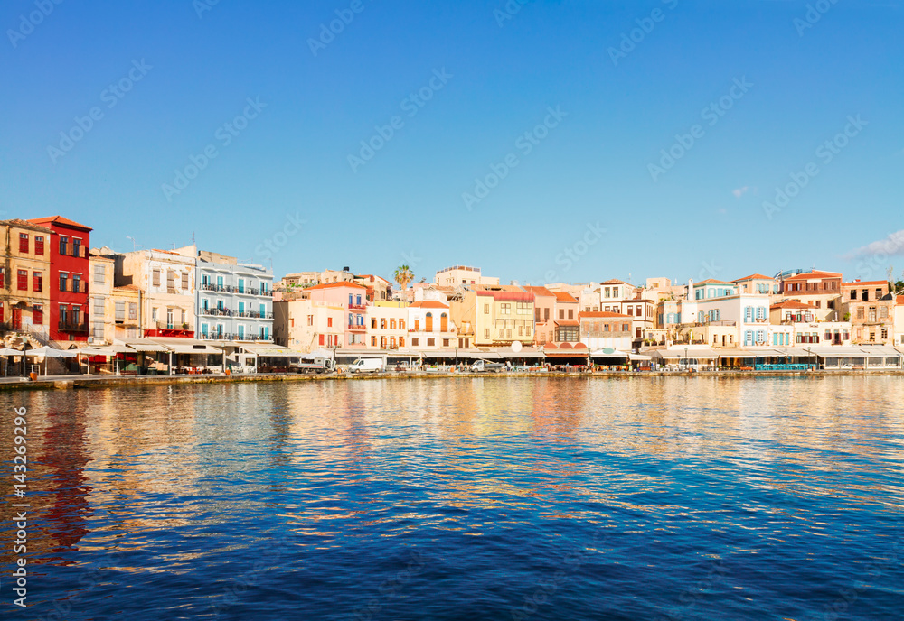 venetian marina of Chania old town at sunny day, Crete, Greece