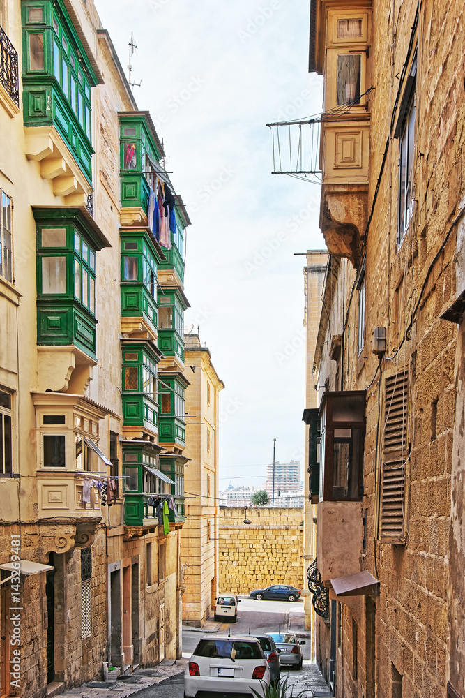Traditional green balconies at Valletta old town