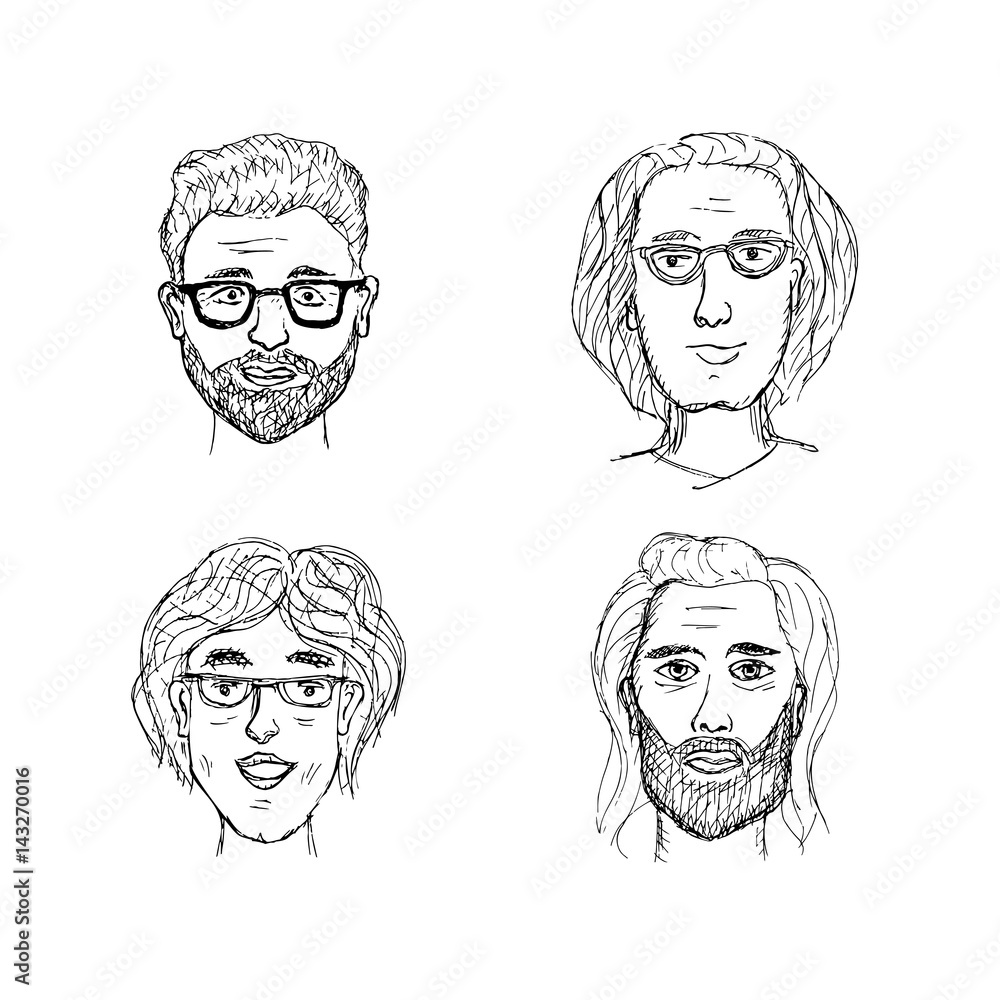 Vector hand-drawn illustration of different faces. Set man face Vector hand-drawn illustration of different faces. Set man face