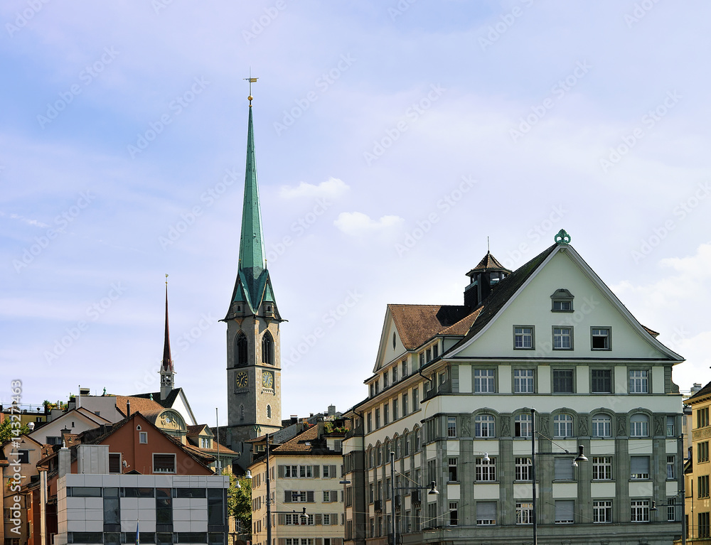 Spires of Grossmunster Church and Wasserkirche Zurich Spires of Grossmunster Church and Wasserkirche Zurich