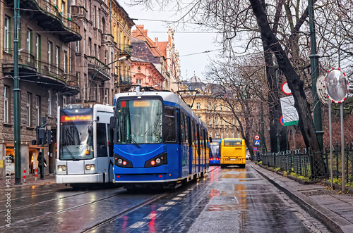 Running trams in city center of Krakow