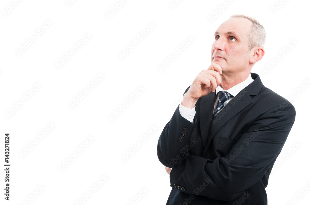Portrait of elegant man standing making thinking gesture Portrait of elegant man standing making thinking gesture