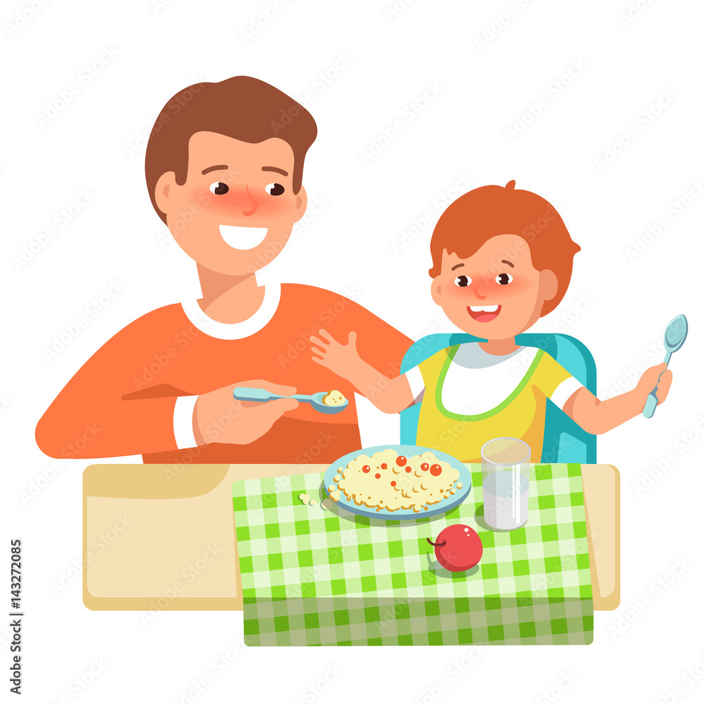 Vector illustration of happy father feeding her child in flat style on white background. Meal in a kindergarten or home. Concept complementary food Vector illustration of happy father feeding her child in flat style on white background. Meal in a kindergarten or home. Concept complementary food