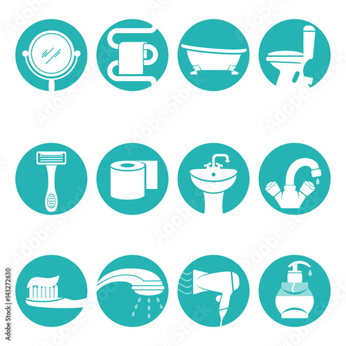 Bathroom necessary elements in round logo signs vector poster