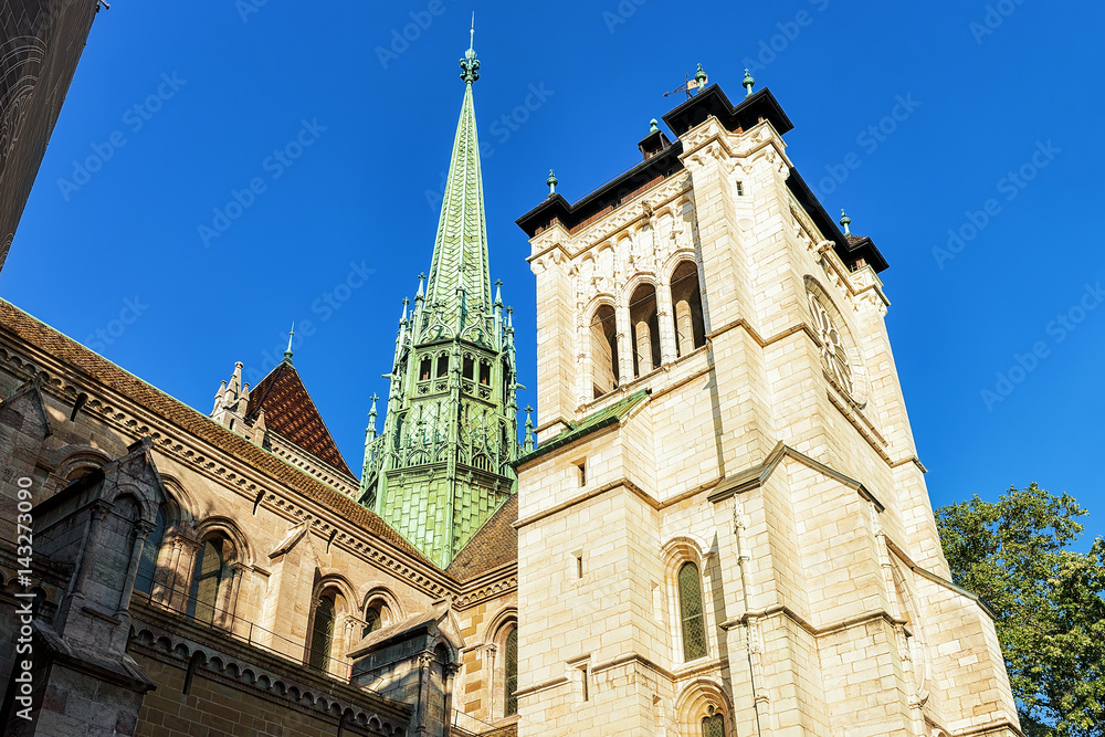 Steeple of St Pierre Cathedral in old town in Geneva