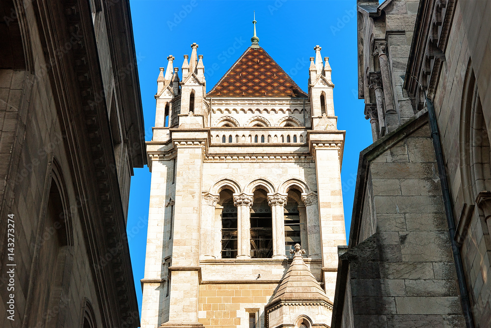 Tower of St Pierre Cathedral in old town Geneva