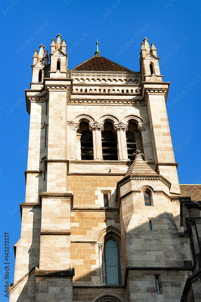 Tower of St Pierre Cathedral in old town in Geneva