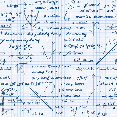 Vector mathematics seamless pattern with different signs, figures, formulas and graphs of functions. Math workbook background
