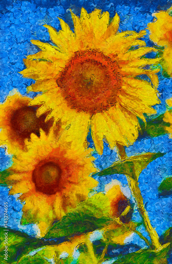 Naklejka premium Sunflowers painting. Van Gogh style imitation