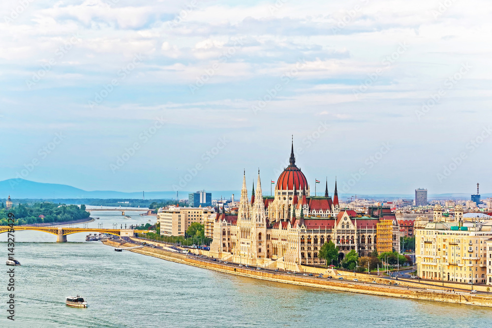 Water boat in Danube River with Hungarian Parliament Building